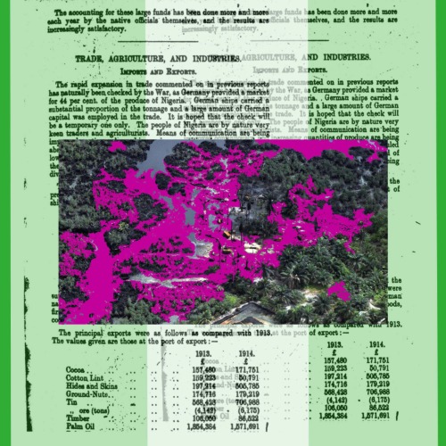 Artwork Pictured: Fegor Obuwoma, Extraction Spillage (Niger Delta), or, A Map of Available Resources, or, We Hate to Do This and Apologize for the Inconvenience, but This Territory Has Been Reassigned to the Queen, 2026. Digital collage (archival document and aerial photograph), archival pigment print, variable dimensions. Courtesy of the artist.